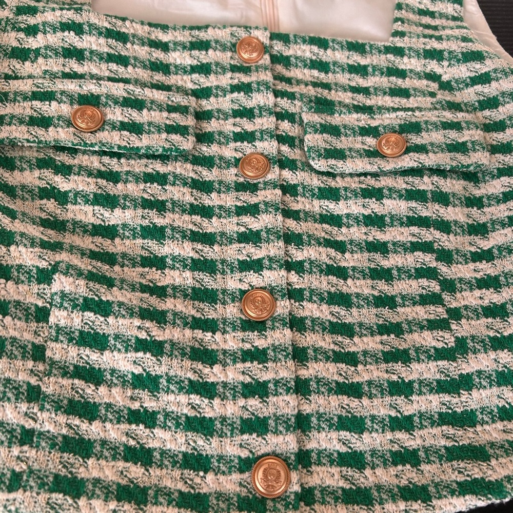 AQUA Green Tweed 2 piece suit Gold Button Preppy Sheath Size XL - Picture 7 of 13